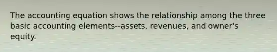 The accounting equation shows the relationship among the three basic accounting elements--assets, revenues, and owner's equity.