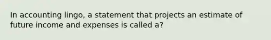 In accounting lingo, a statement that projects an estimate of future income and expenses is called a?