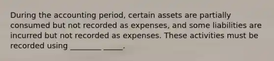 During the accounting period, certain assets are partially consumed but not recorded as expenses, and some liabilities are incurred but not recorded as expenses. These activities must be recorded using ________ _____.