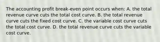 The accounting profit break-even point occurs when: A. the total revenue curve cuts the total cost curve. B. the total revenue curve cuts the fixed cost curve. C. the variable cost curve cuts the total cost curve. D. the total revenue curve cuts the variable cost curve.