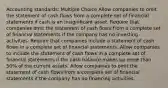 Accounting standards: Multiple Choice Allow companies to omit the statement of cash flows from a complete set of financial statements if cash is an insignificant asset. Require that companies omit the statement of cash flows from a complete set of financial statements if the company has no investing activities. Require that companies include a statement of cash flows in a complete set of financial statements. Allow companies to include the statement of cash flows in a complete set of financial statements if the cash balance makes up more than 50% of the current assets. Allow companies to omit the statement of cash flows from a complete set of financial statements if the company has no financing activities.