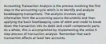 Accounting Transaction Analysis is the process involving the first step in the accounting cycle which is to identify and analyze bookkeeping transactions. The analysis involves using information from the accounting source documents and then applying the basic bookkeeping rules of debit and credit to break down the transaction into its debit and credit components parts. As a whole, this is accomplished by implementing the entire 5 step process of transaction analysis. Remember that each transaction affects at least two accounts.