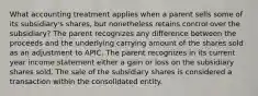 What accounting treatment applies when a parent sells some of its subsidiary's shares, but nonetheless retains control over the subsidiary? The parent recognizes any difference between the proceeds and the underlying carrying amount of the shares sold as an adjustment to APIC. The parent recognizes in its current year income statement either a gain or loss on the subsidiary shares sold. The sale of the subsidiary shares is considered a transaction within the consolidated entity.