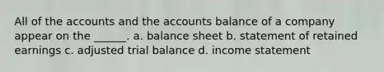 All of the accounts and the accounts balance of a company appear on the ______. a. balance sheet b. statement of retained earnings c. adjusted trial balance d. income statement