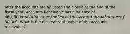 After the accounts are adjusted and closed at the end of the fiscal year, Accounts Receivable has a balance of 460,000 and Allowance for Doubtful Accounts has a balance of30,000. What is the net realizable value of the accounts receivable?