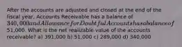 After the accounts are adjusted and closed at the end of the fiscal year, Accounts Receivable has a balance of 340,000 and Allowance for Doubtful Accounts has a balance of51,000. What is the net realizable value of the accounts receivable? a) 391,000 b) 51,000 c) 289,000 d) 340,000