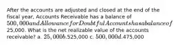 After the accounts are adjusted and closed at the end of the fiscal year, Accounts Receivable has a balance of 500,000 and Allowance for Doubtful Accounts has a balance of25,000. What is the net realizable value of the accounts receivable? a. 25,000 b.525,000 c. 500,000 d.475,000