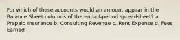 For which of these accounts would an amount appear in the Balance Sheet columns of the end-of-period spreadsheet? a. Prepaid Insurance b. Consulting Revenue c. Rent Expense d. Fees Earned