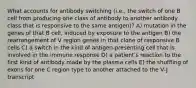 What accounts for antibody switching (i.e., the switch of one B cell from producing one class of antibody to another antibody class that is responsive to the same antigen)? A) mutation in the genes of that B cell, induced by exposure to the antigen B) the rearrangement of V region genes in that clone of responsive B cells C) a switch in the kind of antigen-presenting cell that is involved in the immune response D) a patientʹs reaction to the first kind of antibody made by the plasma cells E) the shuffling of exons for one C region type to another attached to the V-J transcript