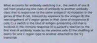 What accounts for antibody switching (i.e., the switch of one B cell from producing one class of antibody to another antibody class that is responsive to the same antigen)? A) mutation in the genes of that B cell, induced by exposure to the antigen B) the rearrangement of V region genes in that clone of responsive B cells C) a switch in the kind of antigen-presenting cell that is involved in the immune response D) a patient's reaction to the first kind of antibody made by the plasma cells E) the shuffling of exons for one C region type to another attached to the V-J transcript