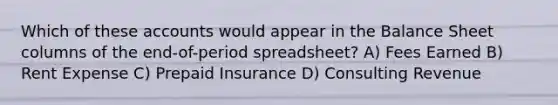 Which of these accounts would appear in the Balance Sheet columns of the end-of-period spreadsheet? A) Fees Earned B) Rent Expense C) Prepaid Insurance D) Consulting Revenue