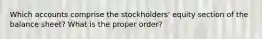 Which accounts comprise the stockholders' equity section of the balance sheet? What is the proper order?