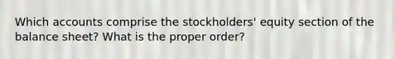 Which accounts comprise the stockholders' equity section of the balance sheet? What is the proper order?