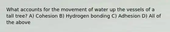 What accounts for the movement of water up the vessels of a tall tree? A) Cohesion B) Hydrogen bonding C) Adhesion D) All of the above