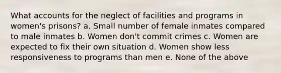 What accounts for the neglect of facilities and programs in women's prisons? a. Small number of female inmates compared to male inmates b. Women don't commit crimes c. Women are expected to fix their own situation d. Women show less responsiveness to programs than men e. None of the above