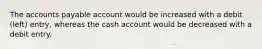 The accounts payable account would be increased with a debit (left) entry, whereas the cash account would be decreased with a debit entry.