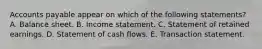 Accounts payable appear on which of the following statements? A. Balance sheet. B. Income statement. C. Statement of retained earnings. D. Statement of cash flows. E. Transaction statement.