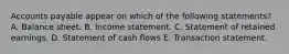 Accounts payable appear on which of the following statements? A. Balance sheet. B. Income statement. C. Statement of retained earnings. D. Statement of cash flows E. Transaction statement.