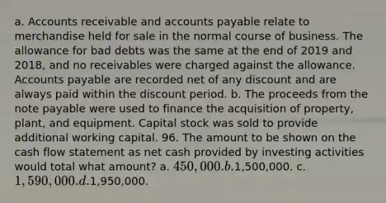 a. Accounts receivable and accounts payable relate to merchandise held for sale in the normal course of business. The allowance for bad debts was the same at the end of 2019 and 2018, and no receivables were charged against the allowance. Accounts payable are recorded net of any discount and are always paid within the discount period. b. The proceeds from the note payable were used to finance the acquisition of property, plant, and equipment. Capital stock was sold to provide additional working capital. 96. The amount to be shown on the cash flow statement as net cash provided by investing activities would total what amount? a. 450,000. b.1,500,000. c. 1,590,000. d.1,950,000.