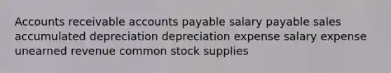 Accounts receivable accounts payable salary payable sales accumulated depreciation depreciation expense salary expense unearned revenue common stock supplies