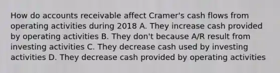 How do accounts receivable affect Cramer's cash flows from operating activities during 2018 A. They increase cash provided by operating activities B. They don't because A/R result from investing activities C. They decrease cash used by investing activities D. They decrease cash provided by operating activities