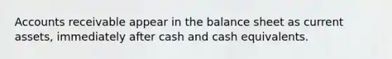 Accounts receivable appear in the balance sheet as current assets, immediately after cash and cash equivalents.