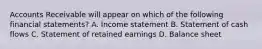 Accounts Receivable will appear on which of the following financial​ statements? A. Income statement B. Statement of cash flows C. Statement of retained earnings D. Balance sheet