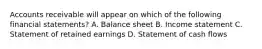Accounts receivable will appear on which of the following financial statements? A. Balance sheet B. Income statement C. Statement of retained earnings D. Statement of cash flows