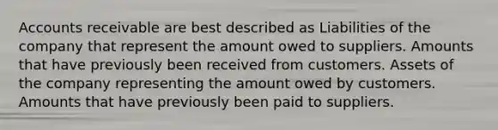 Accounts receivable are best described as Liabilities of the company that represent the amount owed to suppliers. Amounts that have previously been received from customers. Assets of the company representing the amount owed by customers. Amounts that have previously been paid to suppliers.