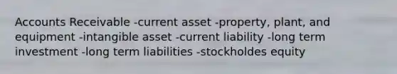 Accounts Receivable -current asset -property, plant, and equipment -intangible asset -current liability -long term investment -long term liabilities -stockholdes equity