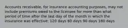 Accounts receivable, for insurance accounting purposes, may not include premiums owed to the licensee for more than what period of time after the last day of the month in which the insurance was effective: 120 days 60 days 90 days 180 days