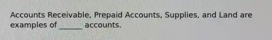 Accounts Receivable, Prepaid Accounts, Supplies, and Land are examples of ______ accounts.