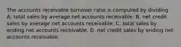 The accounts receivable turnover ratio is computed by dividing A. total sales by average net accounts receivable. B. net credit sales by average net accounts receivable. C. total sales by ending net accounts receivable. D. net credit sales by ending net accounts receivable.