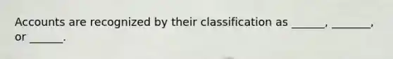 Accounts are recognized by their classification as ______, _______, or ______.