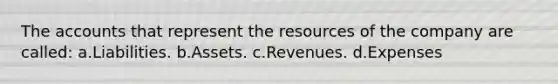 The accounts that represent the resources of the company are called: a.Liabilities. b.Assets. c.Revenues. d.Expenses