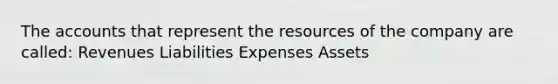 The accounts that represent the resources of the company are called: Revenues Liabilities Expenses Assets