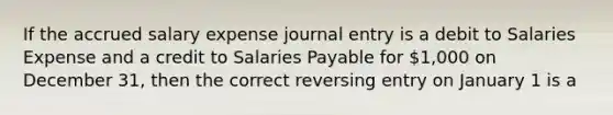 If the accrued salary expense journal entry is a debit to Salaries Expense and a credit to Salaries Payable for 1,000 on December 31, then the correct reversing entry on January 1 is a