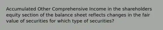 Accumulated Other Comprehensive Income in the shareholders equity section of the balance sheet reflects changes in the fair value of securities for which type of securities?