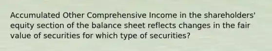 Accumulated Other Comprehensive Income in the shareholders' equity section of the balance sheet reflects changes in the fair value of securities for which type of securities?