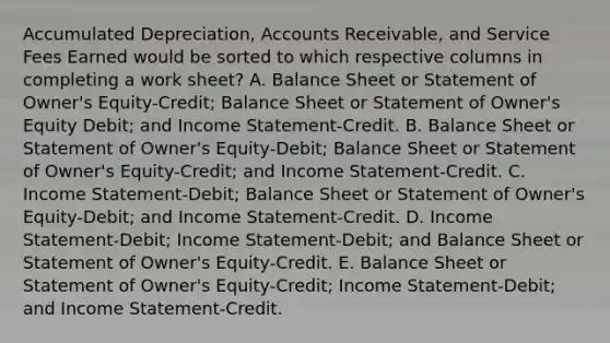 Accumulated Depreciation, Accounts Receivable, and Service Fees Earned would be sorted to which respective columns in completing a work sheet? A. Balance Sheet or Statement of Owner's Equity-Credit; Balance Sheet or Statement of Owner's Equity Debit; and Income Statement-Credit. B. Balance Sheet or Statement of Owner's Equity-Debit; Balance Sheet or Statement of Owner's Equity-Credit; and Income Statement-Credit. C. Income Statement-Debit; Balance Sheet or Statement of Owner's Equity-Debit; and Income Statement-Credit. D. Income Statement-Debit; Income Statement-Debit; and Balance Sheet or Statement of Owner's Equity-Credit. E. Balance Sheet or Statement of Owner's Equity-Credit; Income Statement-Debit; and Income Statement-Credit.