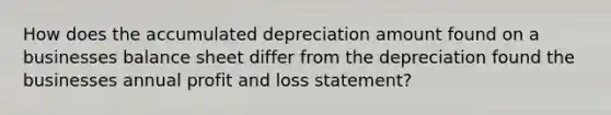 How does the accumulated depreciation amount found on a businesses balance sheet differ from the depreciation found the businesses annual profit and loss statement?