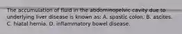 The accumulation of fluid in the abdominopelvic cavity due to underlying liver disease is known as: A. spastic colon. B. ascites. C. hiatal hernia. D. inflammatory bowel disease.