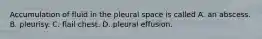 Accumulation of fluid in the pleural space is called A. an abscess. B. pleurisy. C. flail chest. D. pleural effusion.