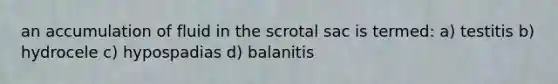 an accumulation of fluid in the scrotal sac is termed: a) testitis b) hydrocele c) hypospadias d) balanitis