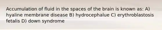 Accumulation of fluid in <a href='https://www.questionai.com/knowledge/k0Lyloclid-the-space' class='anchor-knowledge'>the space</a>s of <a href='https://www.questionai.com/knowledge/kLMtJeqKp6-the-brain' class='anchor-knowledge'>the brain</a> is known as: A) hyaline membrane disease B) hydrocephalue C) erythroblastosis fetalis D) down syndrome