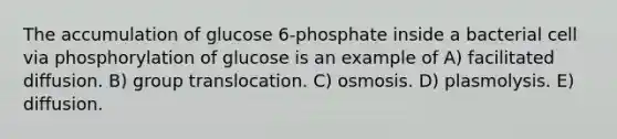 The accumulation of glucose 6-phosphate inside a bacterial cell via phosphorylation of glucose is an example of A) facilitated diffusion. B) group translocation. C) osmosis. D) plasmolysis. E) diffusion.