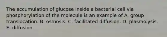 The accumulation of glucose inside a bacterial cell via phosphorylation of the molecule is an example of A. group translocation. B. osmosis. C. facilitated diffusion. D. plasmolysis. E. diffusion.