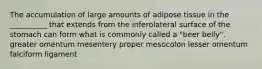 The accumulation of large amounts of adipose tissue in the __________ that extends from the inferolateral surface of the stomach can form what is commonly called a "beer belly". greater omentum mesentery proper mesocolon lesser omentum falciform ligament