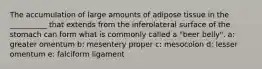 The accumulation of large amounts of adipose tissue in the __________ that extends from the inferolateral surface of the stomach can form what is commonly called a "beer belly". a: greater omentum b: mesentery proper c: mesocolon d: lesser omentum e: falciform ligament