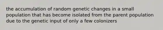 the accumulation of random genetic changes in a small population that has become isolated from the parent population due to the genetic input of only a few colonizers